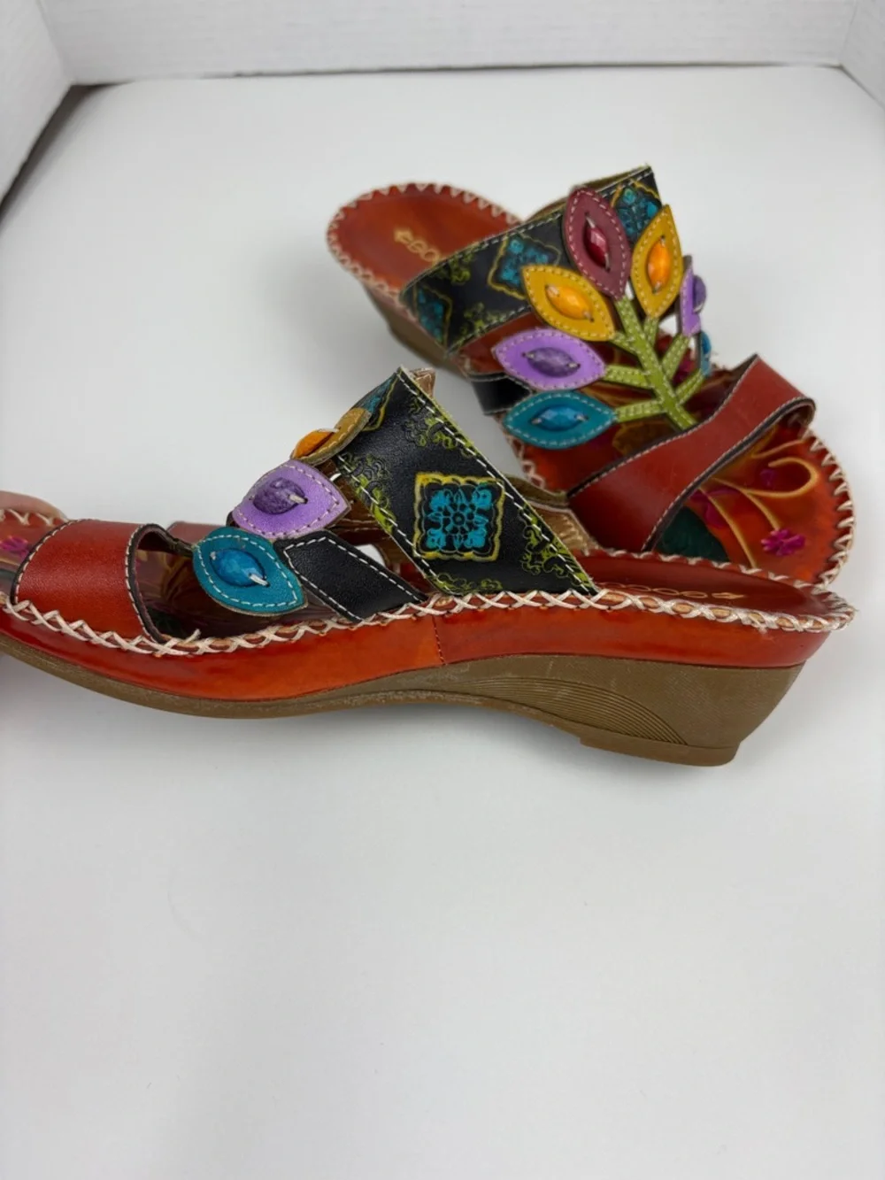 Socofy Colorful Sandals Women’s EU 39/US 8.5 Leather Leaf Cutout Style Slip On